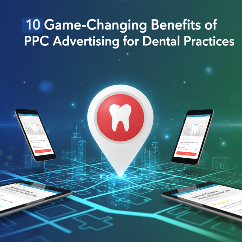 Smartphones showing dental ad listings around a tooth map pin representing local PPC advertising for dental practices